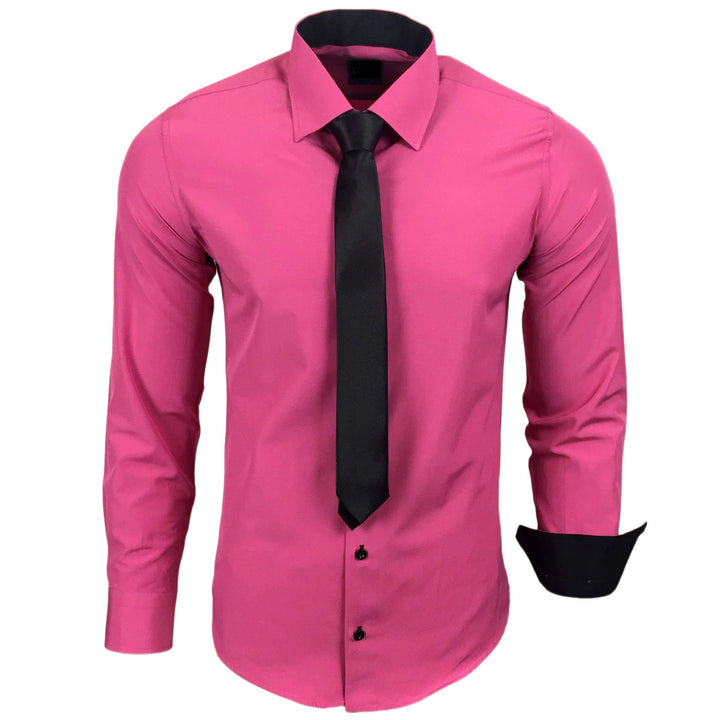 444-BK Herren Kontrast Hemd Business Hemden mit Krawatte Hochzeit Freizeit Fit S Rosa, S Rosa