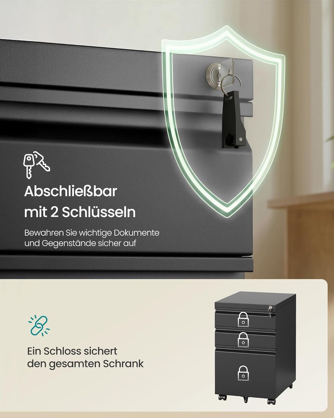 SONGMICS Aktenschrank mit 3 Schubladen, Rollcontainer, Metallschrank, Stahl, abschliessbar, Druckers