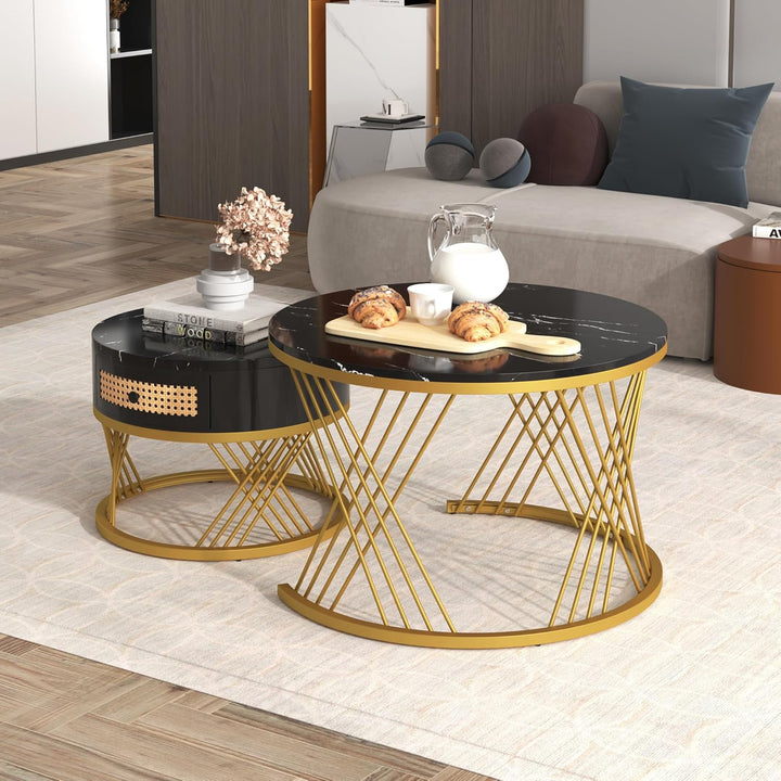 Merax Rund Couchtisch Set, 2-in-1 Beistelltisch mit Stauraum Satztisch Modern Wohnzimmertisch mit Ho