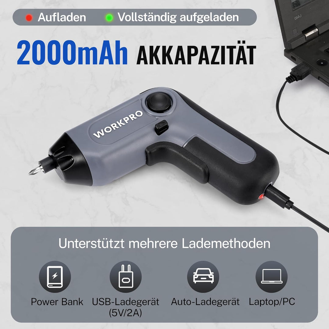 WORKPRO Akkuschrauber Set 3,6V, Exzentrischer Schraubendreher, mit 21 Bits und Verlängerungsstange,