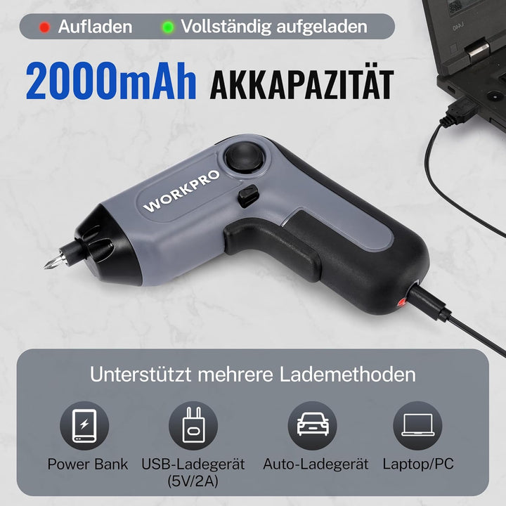 WORKPRO Akkuschrauber Set 3,6V, Exzentrischer Schraubendreher, mit 21 Bits und Verlängerungsstange,