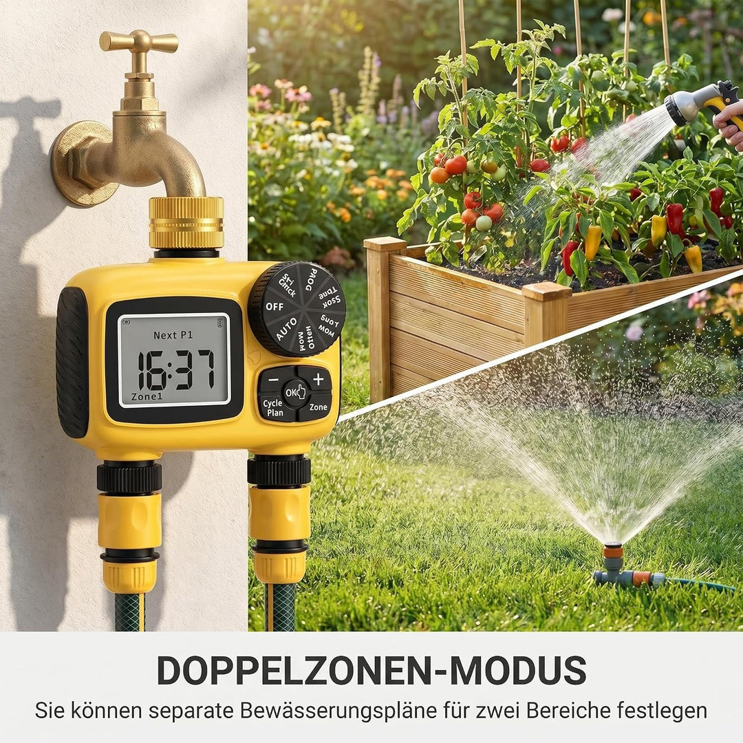 MQUPIN Bewässerungscomputer 2 Ausgänge, Messinganschlüsse | LCD Wasser Zeitschaltuhr IP55 mit Regenv