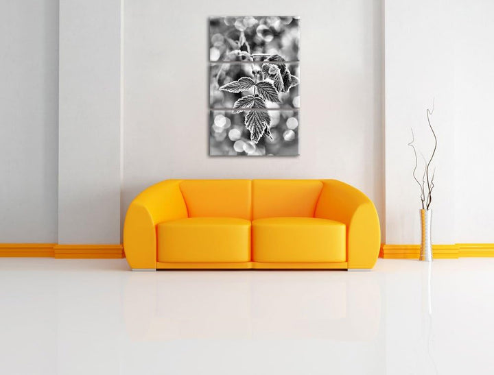 Pixxprint Monocrome, Blätter im Winter Morgenfrost 3-Teiler Leinwandbild 120x80 Bild auf Leinwand