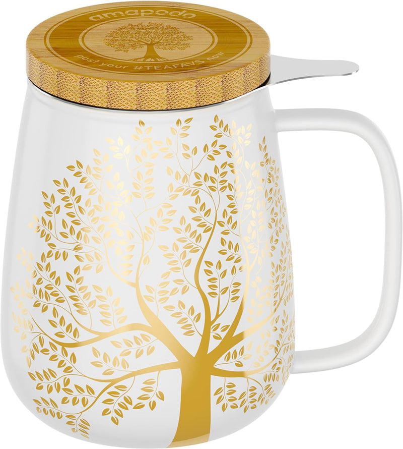 amapodo Teetasse mit Deckel und Sieb - 600ml Porzellan Tee Tasse gross - Jumbotasse - XXL Tea Cup Se
