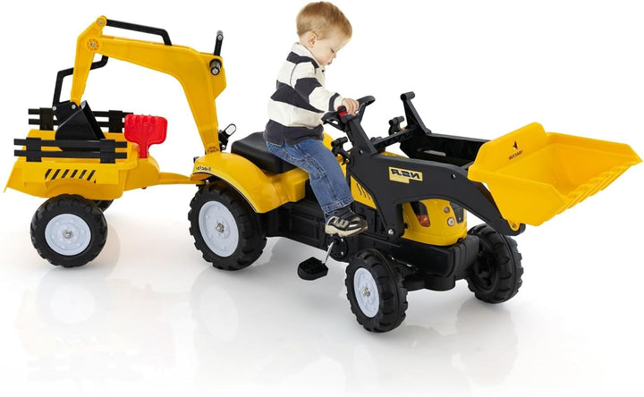 DREAMADE Trettraktor, Kindertraktor mit Anhänger &amp; Schaufel &amp; Frontlader, Kinderbagger Sitzbagger mi