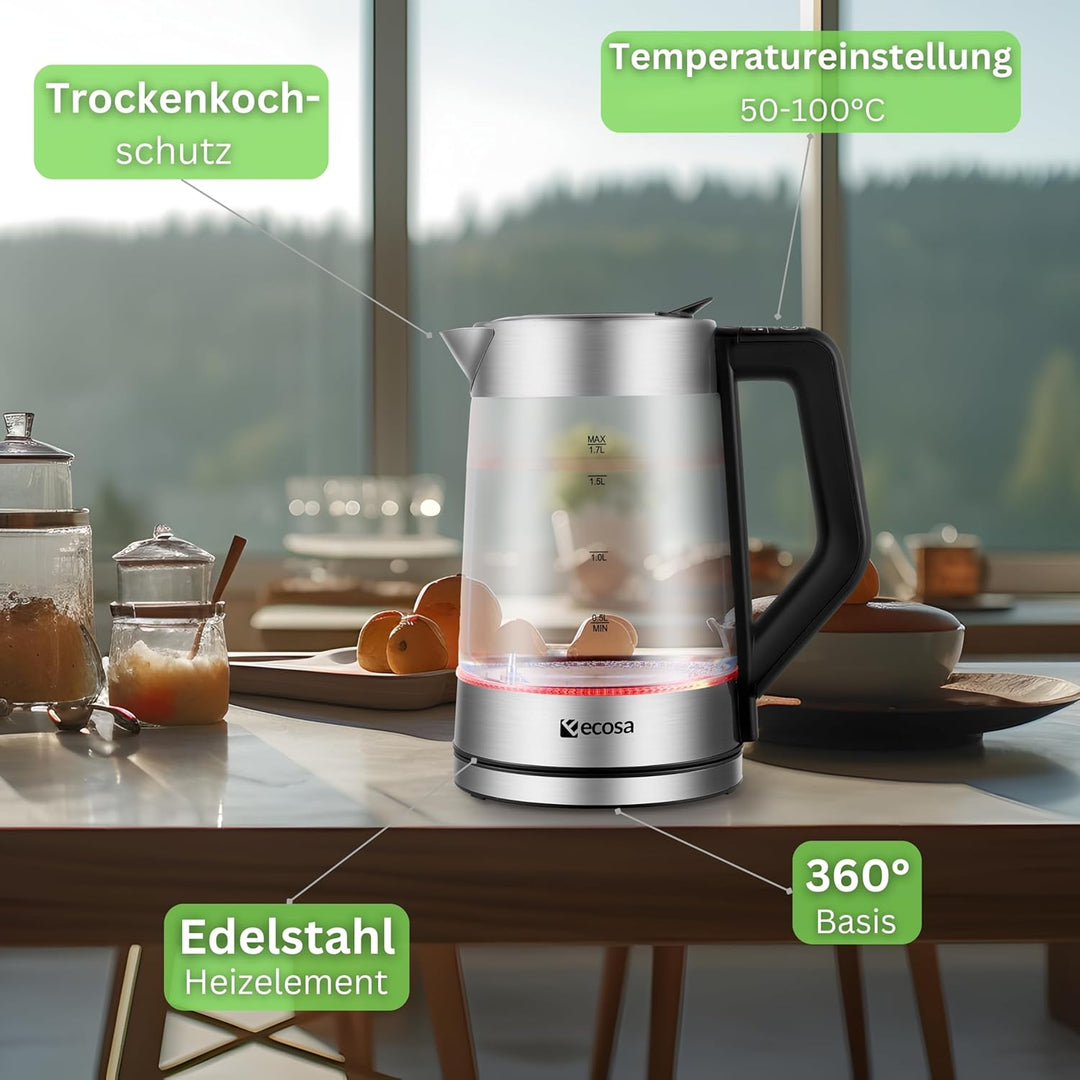 Glas Wasserkocher 1,7 Liter | 2200 Watt | Edelstahl mit Temperaturwahl | Teekocher | 100% BPA FREI |