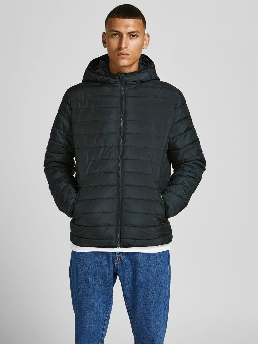 Jack & Jones Herren Steppjacke mit Kapuze, wattiert, durchgehender Reissverschlu, Schwarz