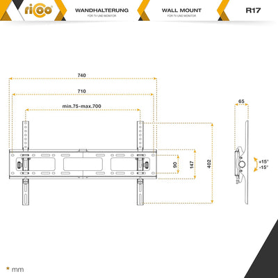 RICOO TV Wandhalterung Fernseher Flach Slim Neigbar für 37-75 Zoll, Universal TV Halterung R17, Fern