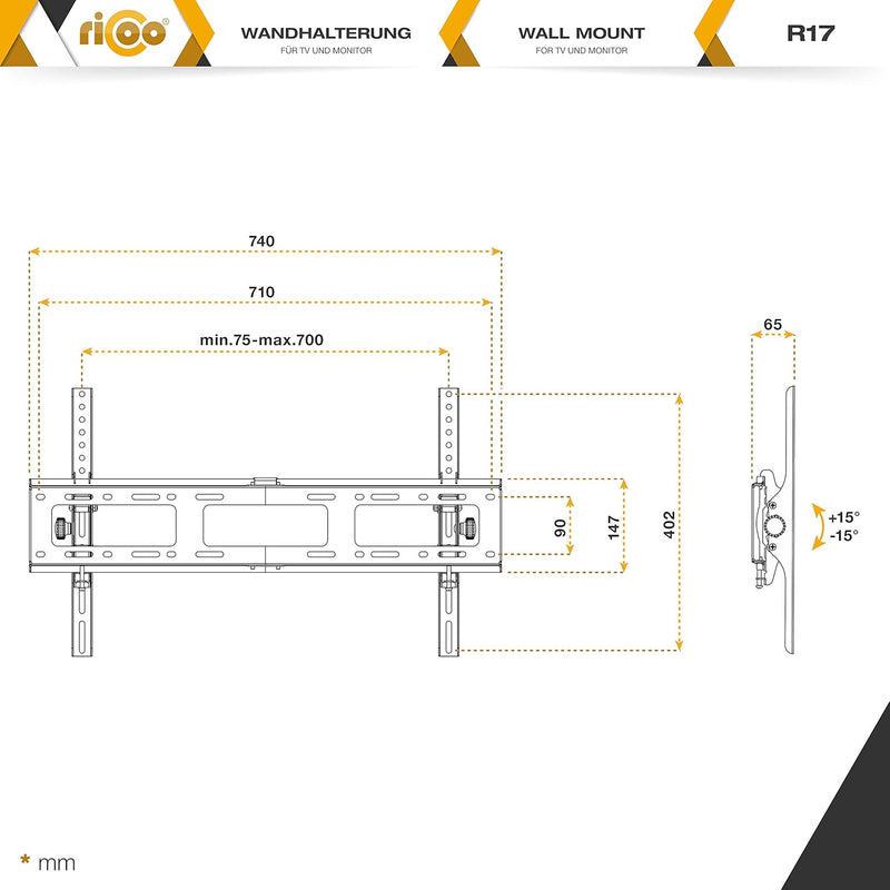 RICOO TV Wandhalterung Fernseher Flach Slim Neigbar für 37-75 Zoll, Universal TV Halterung R17, Fern