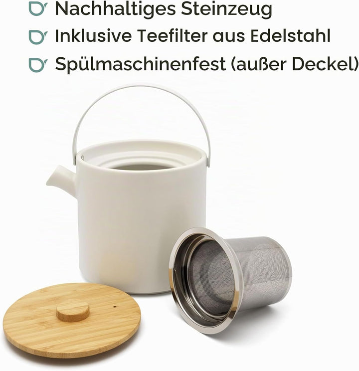 Bredemeijer weisse keramische Teekanne 1.2 Liter mit Teewärmer - isolierende Keramikkanne mit Edelst