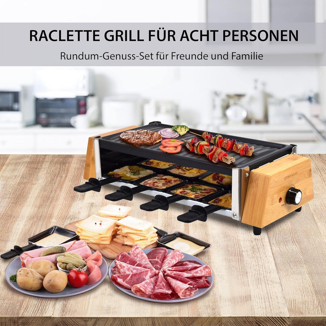 Syntrox Germany RAC-1200W-Murten Raclette im Holz Design mit geteilten Platten Heisser Stein & Grill