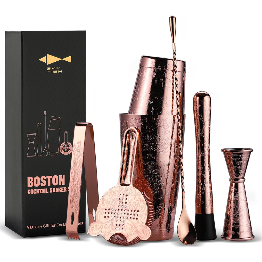 SKYFISH Cocktail Shaker Set - Ätzung Kupfer Cocktail Shaker Kit in Geschenkbox 7er Set