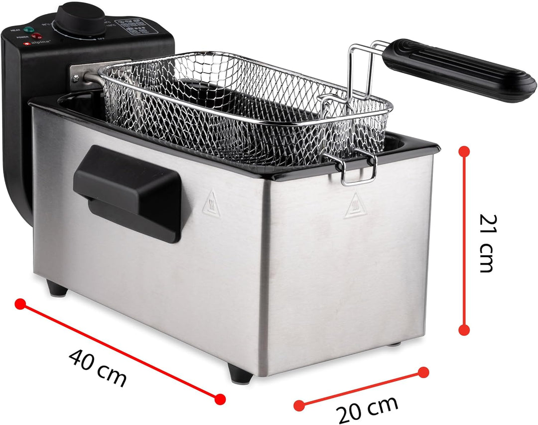 alpina Fritteuse - 3 Körbe - 5 Liter - 2000 Watt - Thermostat bis 190 °C - Anti-Heizung - Edelstahl