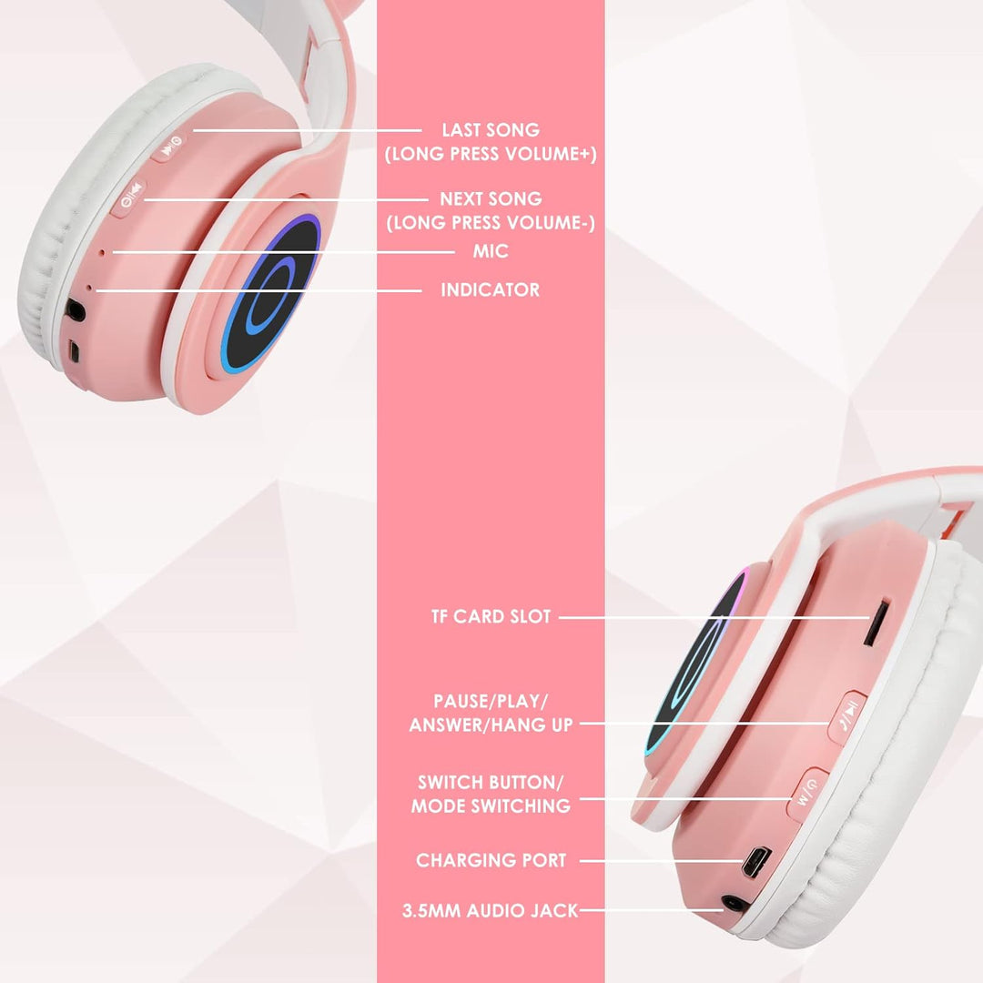 Sendowtek Bluetooth Kopfhörer für Kinder Mädchen Over Ear Niedlich Katzenohren LED Licht Kabellos Ko