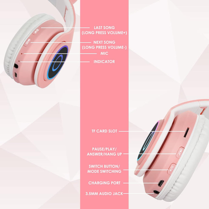 Sendowtek Bluetooth Kopfhörer für Kinder Mädchen Over Ear Niedlich Katzenohren LED Licht Kabellos Ko