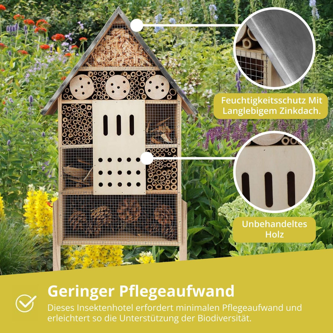 WILDLIFE FRIEND I Insektenhotel XXL stehend - mit Standfuss 76cm & Metalldach - Gross, Unbehandelt,