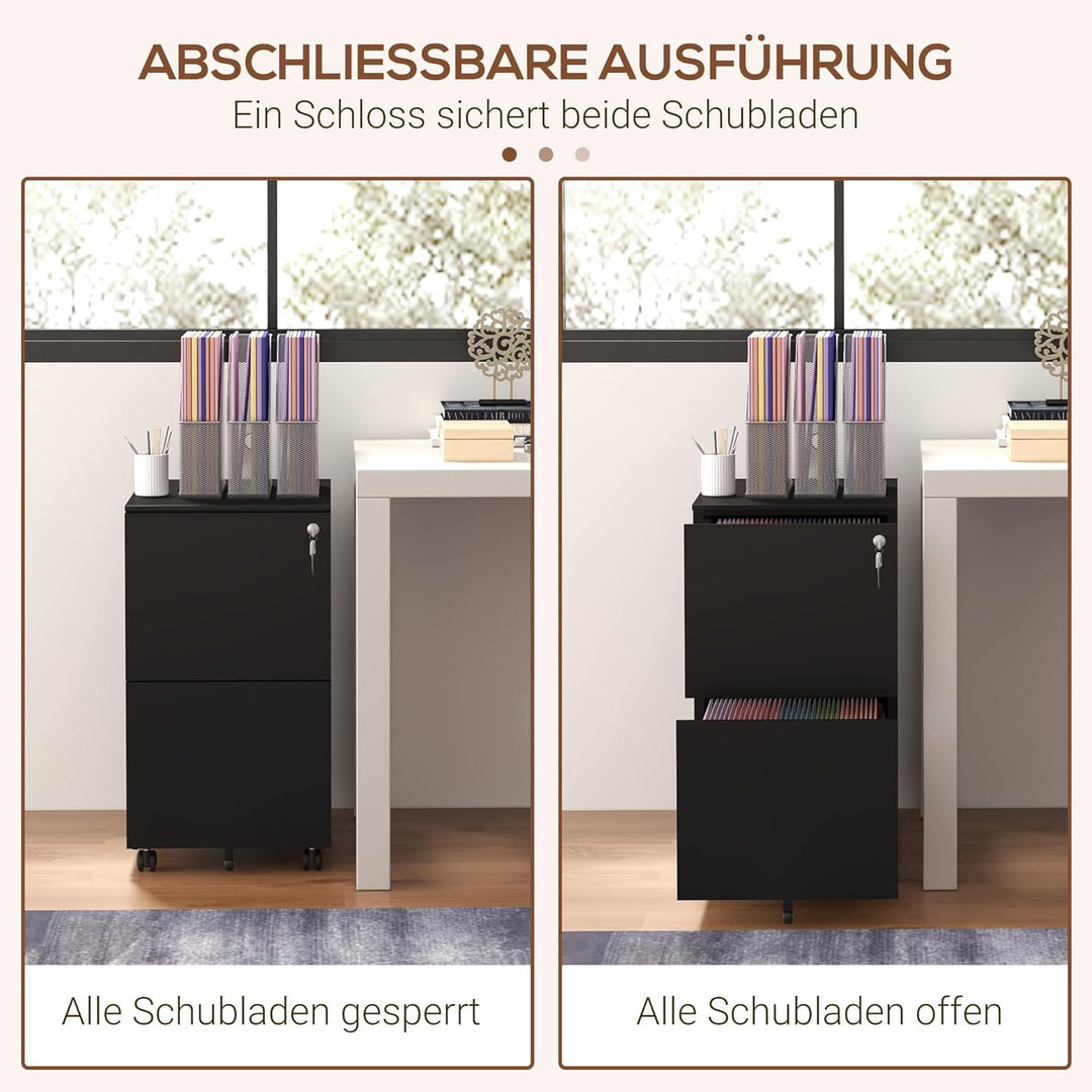 Vinsetto Rollcontainer Aktenschrank mit 2 Schubladen, Abschliessbarer Büroschrank mit Rollen, Büroco
