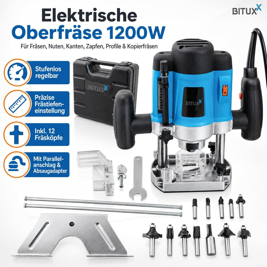 Bituxx 1200W Oberfräse Fräse Kantenfräse Holzfräse Parallelanschlag, Absaugadapter inklusive 12 tlg.