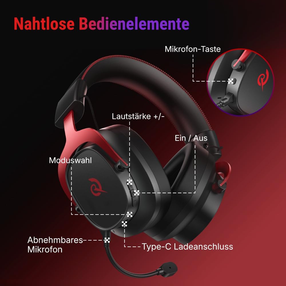 QCY Heroad VT200 Gaming Headset Wireless,2.4Ghz kabellos Headset Mit Mikrofon,7.1 Surround Sound,Blu