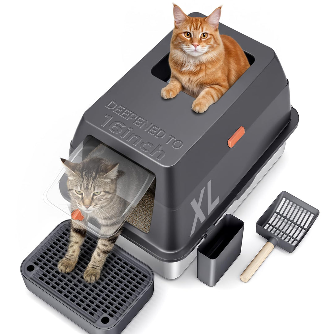Gimars 3 in 1 Hochwandiger Anti-Auslauf Edelstahl Katzentoilette XXL mit Deckel, Extra Grosses Gesch