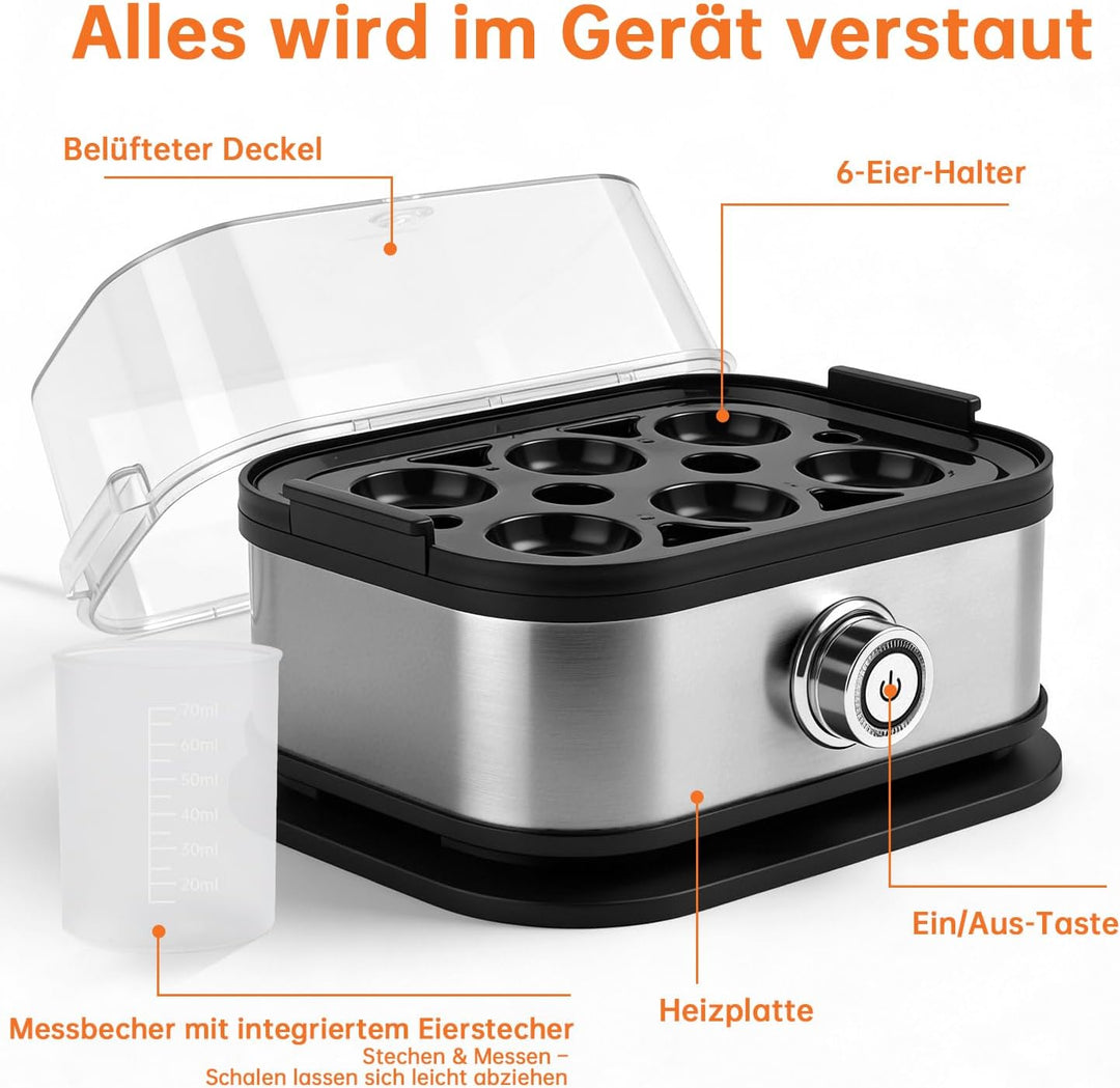 Aotto Schnell-Eierkocher, elektrischer Eierkocher für 6 Eier (hart und weich gekocht), kompakter Eie