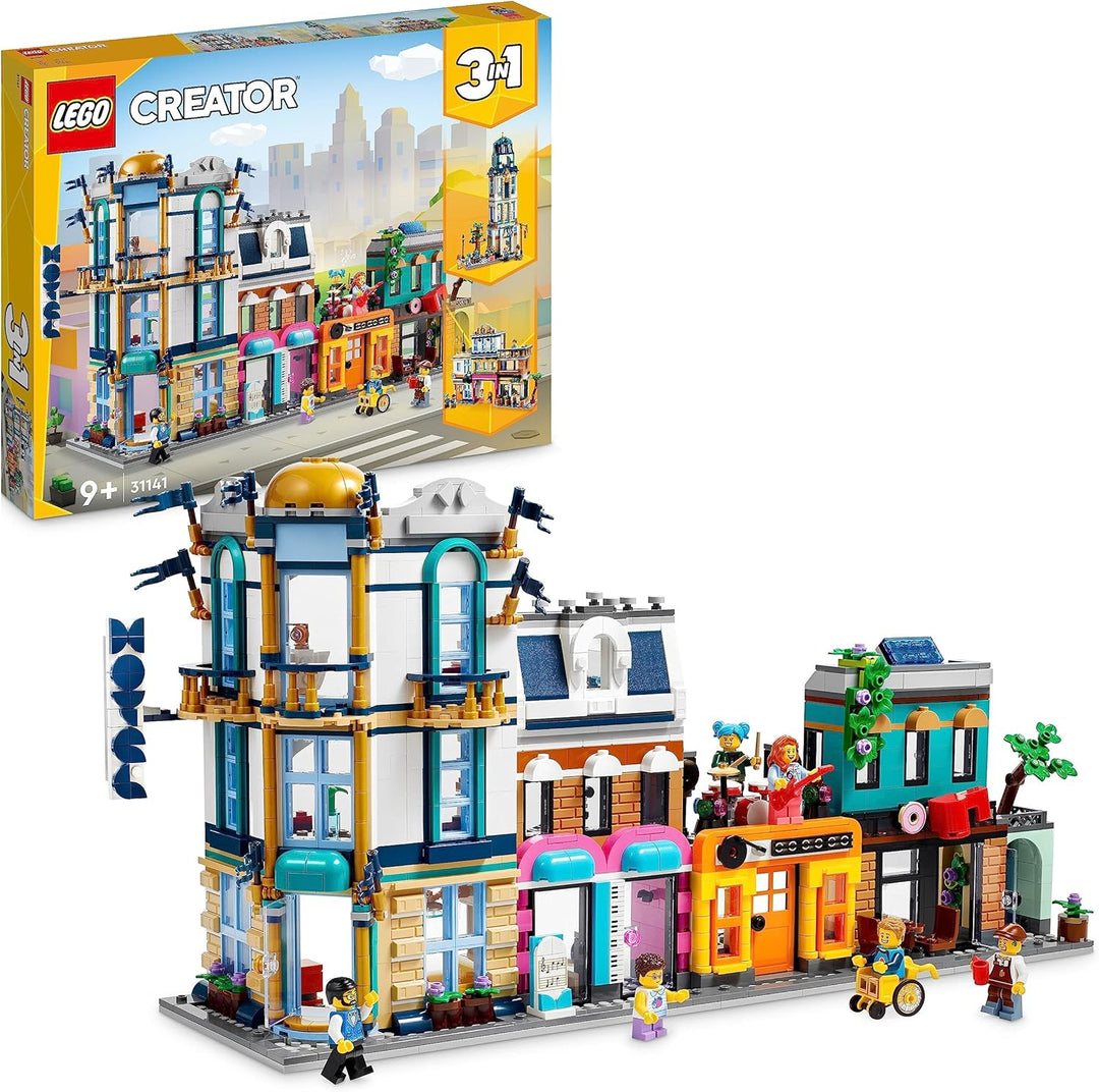 LEGO 31141 Creator 3-in-1 Hauptstrasse zu Art-déco-Hochhaus oder Marktstrasse Modellbau-Set, Konstru