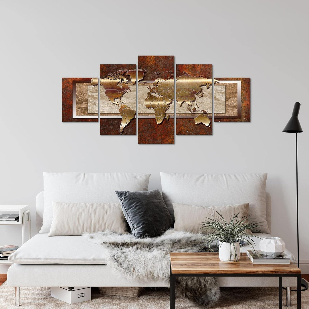 Runa Art Wandbilder Weltkarte 5 Teilig Bild auf Vlies Leinwand Deko Büro Wohnzimmer Abstrakt metall