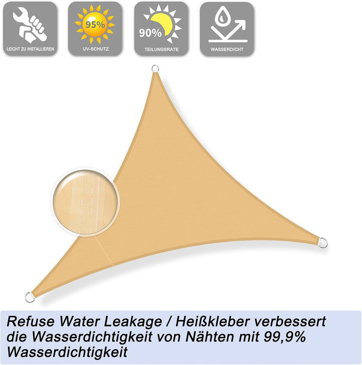 Sunnylaxx 5x5x5m Sonnensegel Dreieckig, Wasserdicht Sonnenschutz Sunsegel Color Sand, 95% UV-Schutz,