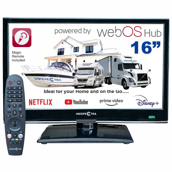 Unispectra® 16“ Smart TV (webOS) Full HD 230V 24V Triple Tuner: Sat, Antenne, Kabel TV, 3xHDMI, 2xUS