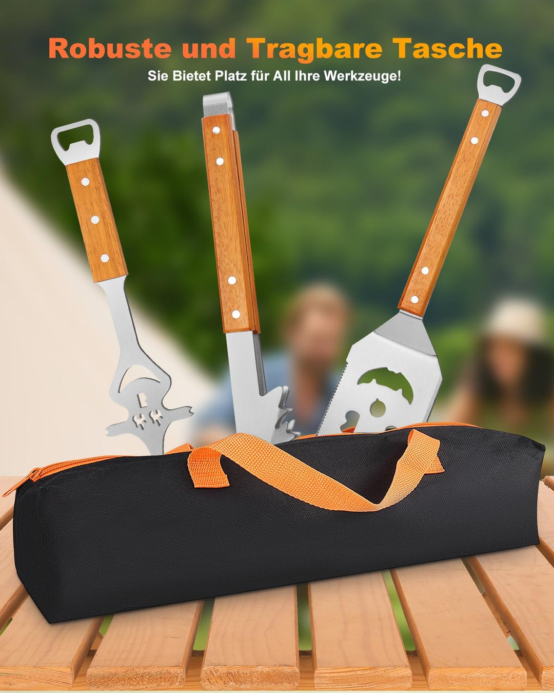 BBQ Grillbesteck Set 3-TLG, Extra Langes Grillwerkzeug, Edelstahl Holzgriff, Grill Zubehör mit Grill