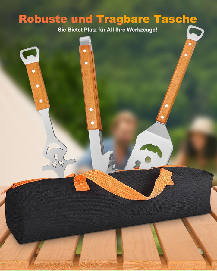 BBQ Grillbesteck Set 3-TLG, Extra Langes Grillwerkzeug, Edelstahl Holzgriff, Grill Zubehör mit Grill