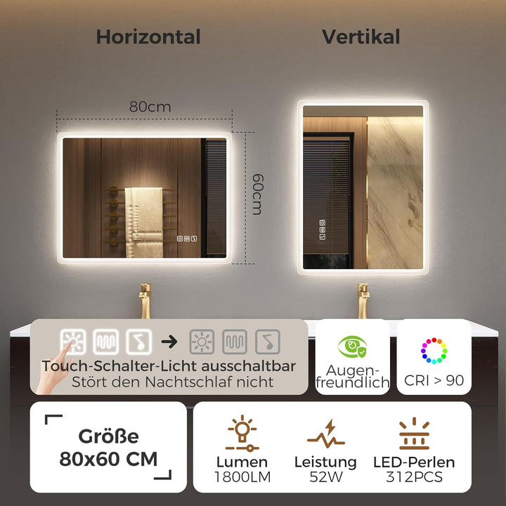 STARLEAD Badezimmerspiegel-mit-Beleuchtung 80x60cm, Dimmbar, 3 Lichtfarben, LED-Spiegel-Bad-mit-Blue