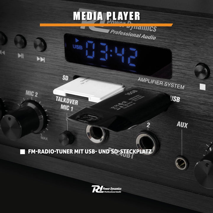Power Dynamics PV240BT - 4 Kanal Stereo Verstärker Bluetooth, 400 Watt Amplifier Hifi Receiver, Fern