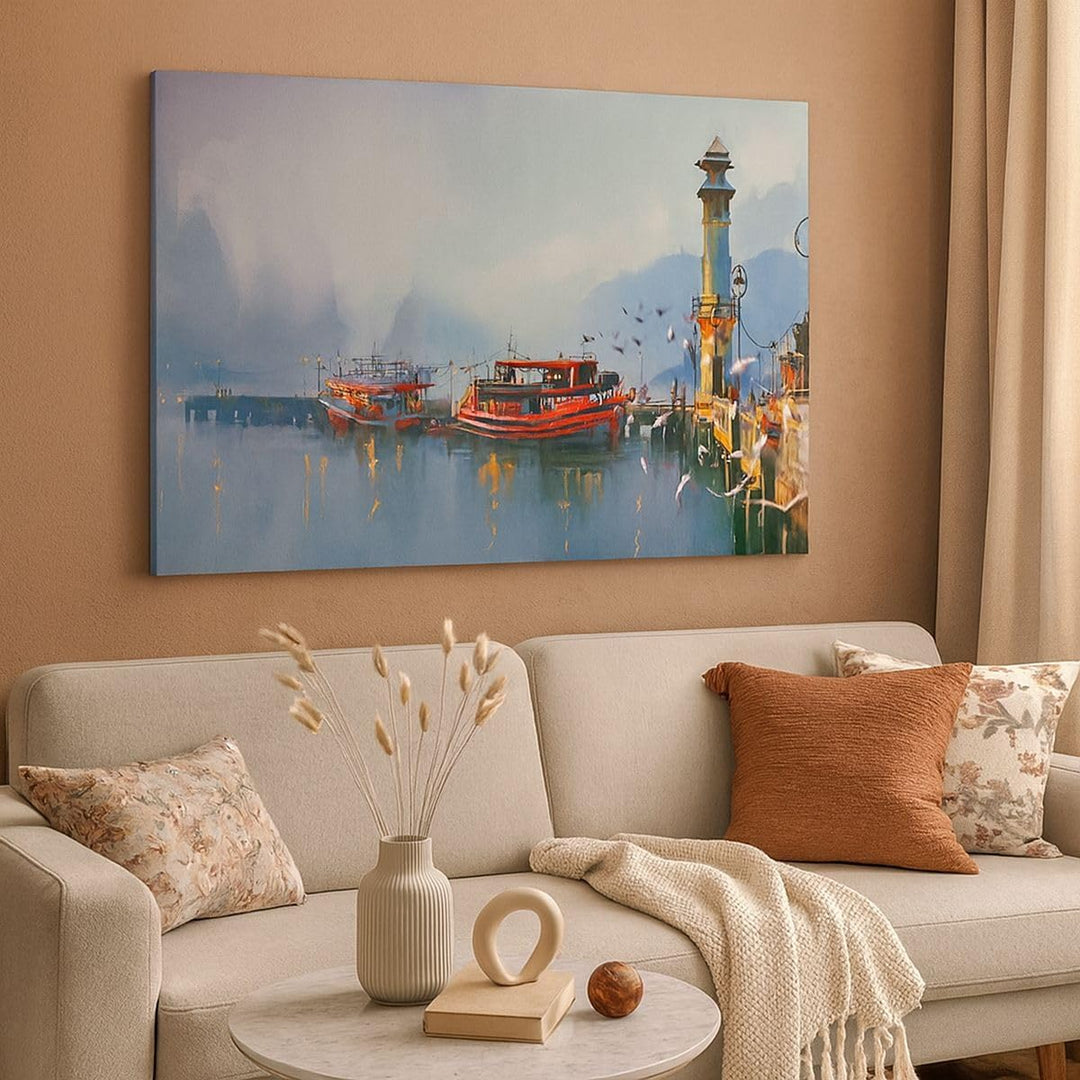 Bilder auf Leinwand 100x70cm Leinwandbild mit Rahmen Hafen Laterne Boot Gross Wanddeko Bild Schlafzi