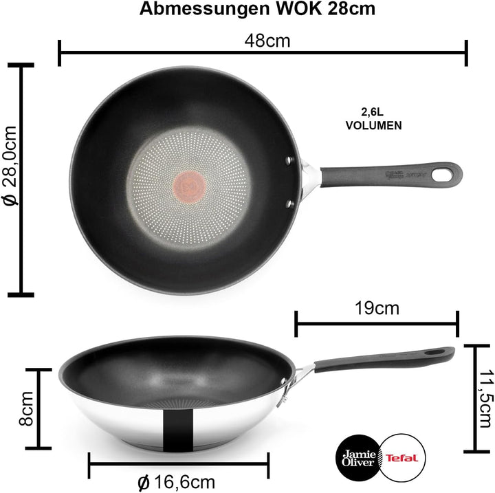 Tefal Jamie Oliver Wok 28 cm Induktion, Wokpfanne Edelstahl gross, Antihaft Beschichtet, Hoher Rand,