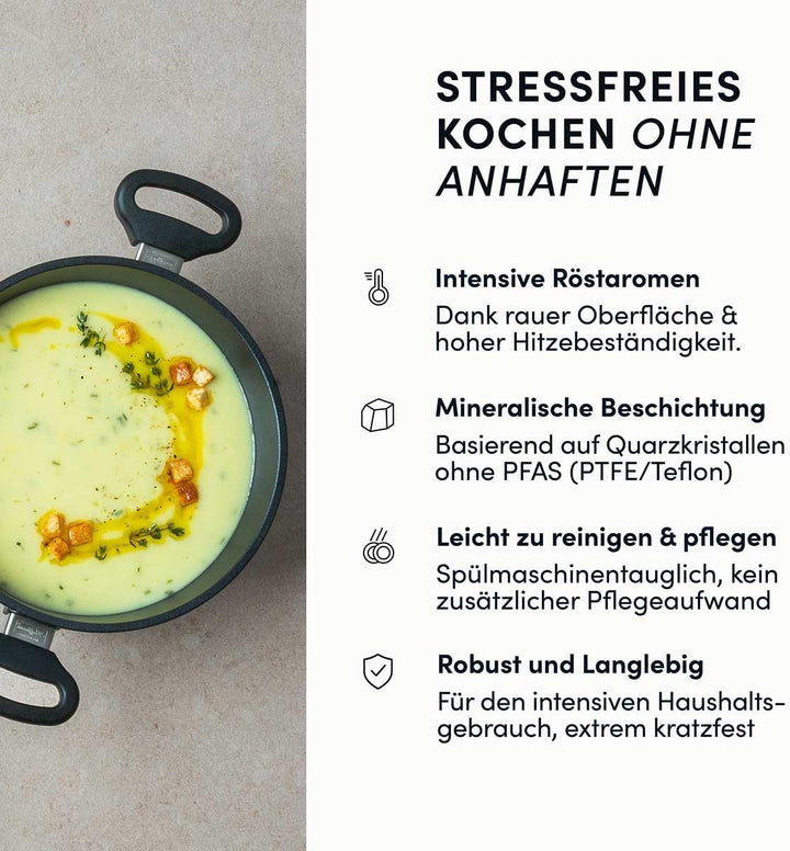 Hoffmann STONIQ Kochtopf Set, Antihaftbeschichtet, PTFE und PFAS-frei, Induktionsgeeignet, Backofenf