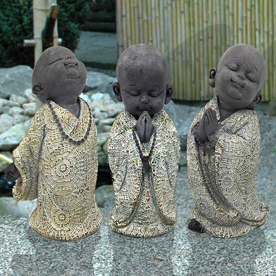 UNUS Buddha Figuren Garten, kleine Mönche 3er Set, Deko Statuen 13 cm, Feng Shui Dekofiguren, Garten
