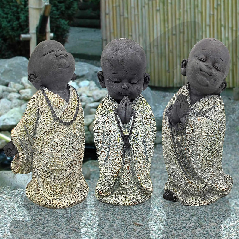 UNUS Buddha Figuren Garten, kleine Mönche 3er Set, Deko Statuen 13 cm, Feng Shui Dekofiguren, Garten