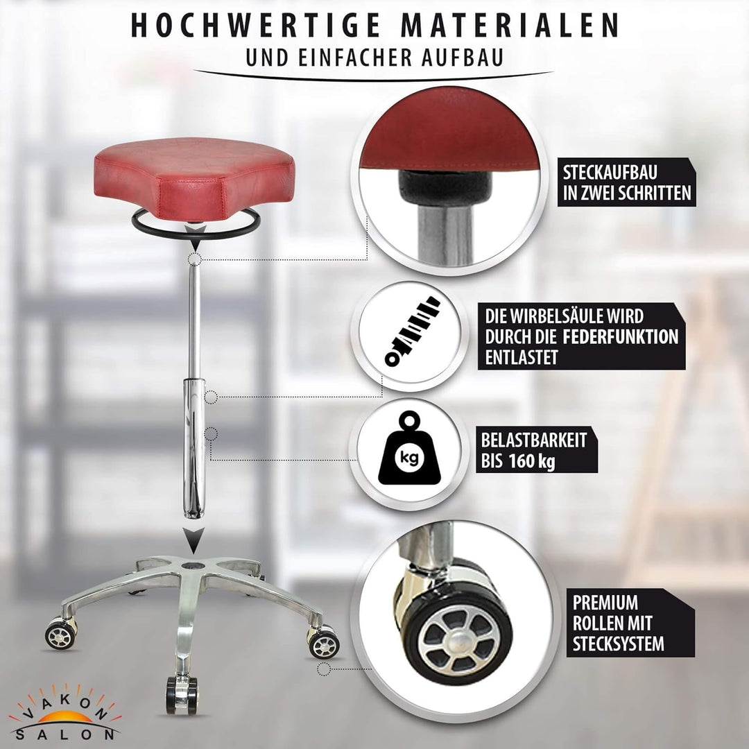 VAKON SALON - Design ergonomischer Rollhocker auf Rollen Rot - Höhenverstellbarer von 55 bis 75 cm -