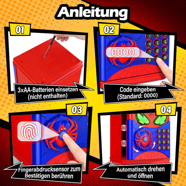 Ltteaoy Kindertresor mit Spinnen Motiv und virtuellem Fingerabdruck,Elektronische Spardose mit Zahle