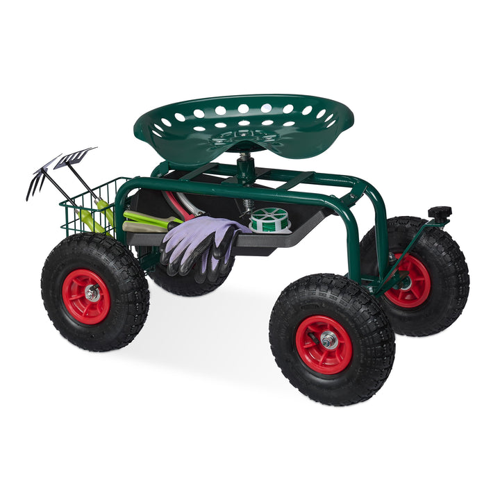 Relaxdays fahrbarer Gartensitz, höhenverstellbar, 150 kg, Stauraum, Rollsitz für Gartenarbeit, Stahl