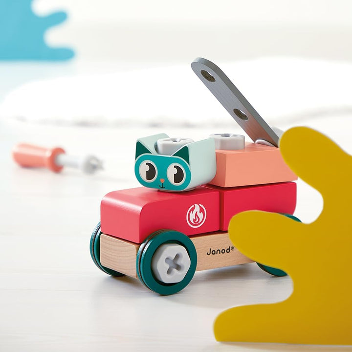 Janod - Mein erstes Konstruktionsspiel - Katzen-Bastelauto - 29 Elemente - Rollenspiel - Fördert Ges