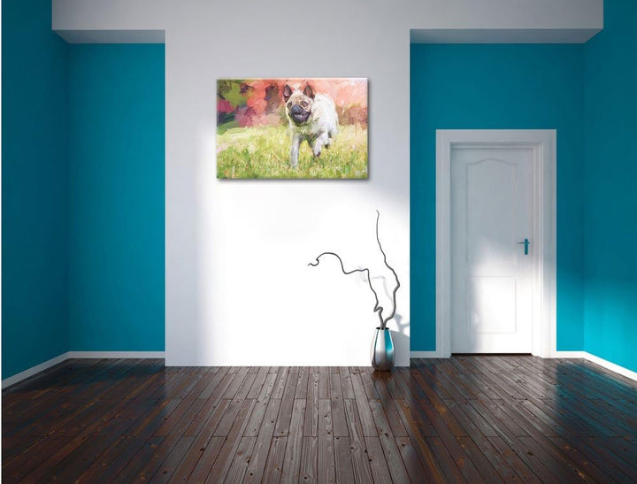 Pixxprint Rennender Mops Kunst / 100x70cm Leinwandbild bespannt auf Holzrahmen/Wandbild Kunstdruck D