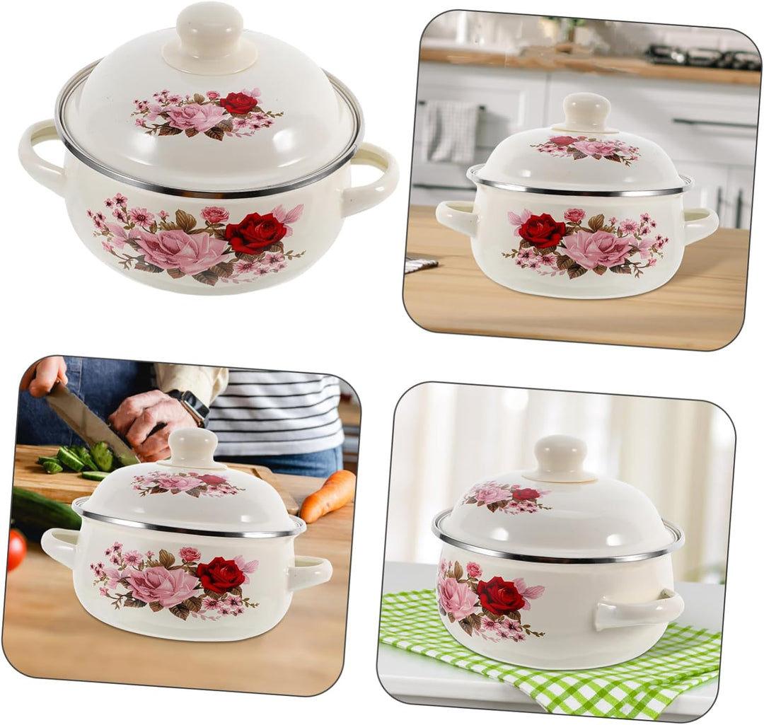 Alipis Emaillierter Kochtopf Mit Blumenmuster Emaille-suppentopf Mit Deckel Und Doppelgriff Vielseit