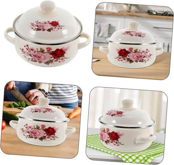 Alipis Emaillierter Kochtopf Mit Blumenmuster Emaille-suppentopf Mit Deckel Und Doppelgriff Vielseit