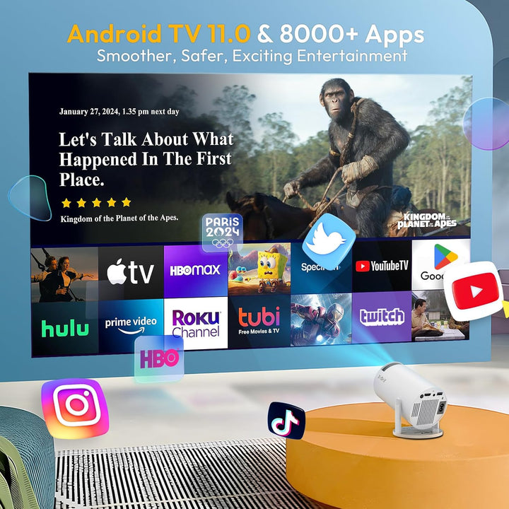 Mini Beamer [2026 Upgraded & Android 11.0] Native 720P HD, unterstützt 4K 1080P, Xgody Gimbal 3 New