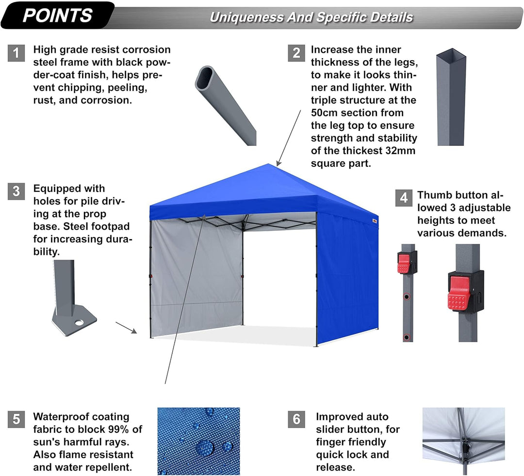 ABCCANOPY Faltpavillon UV50+ mit 2 Seitenwänden, Königsblau 300 cm | 500D Polyester,wasserdicht, 4 S