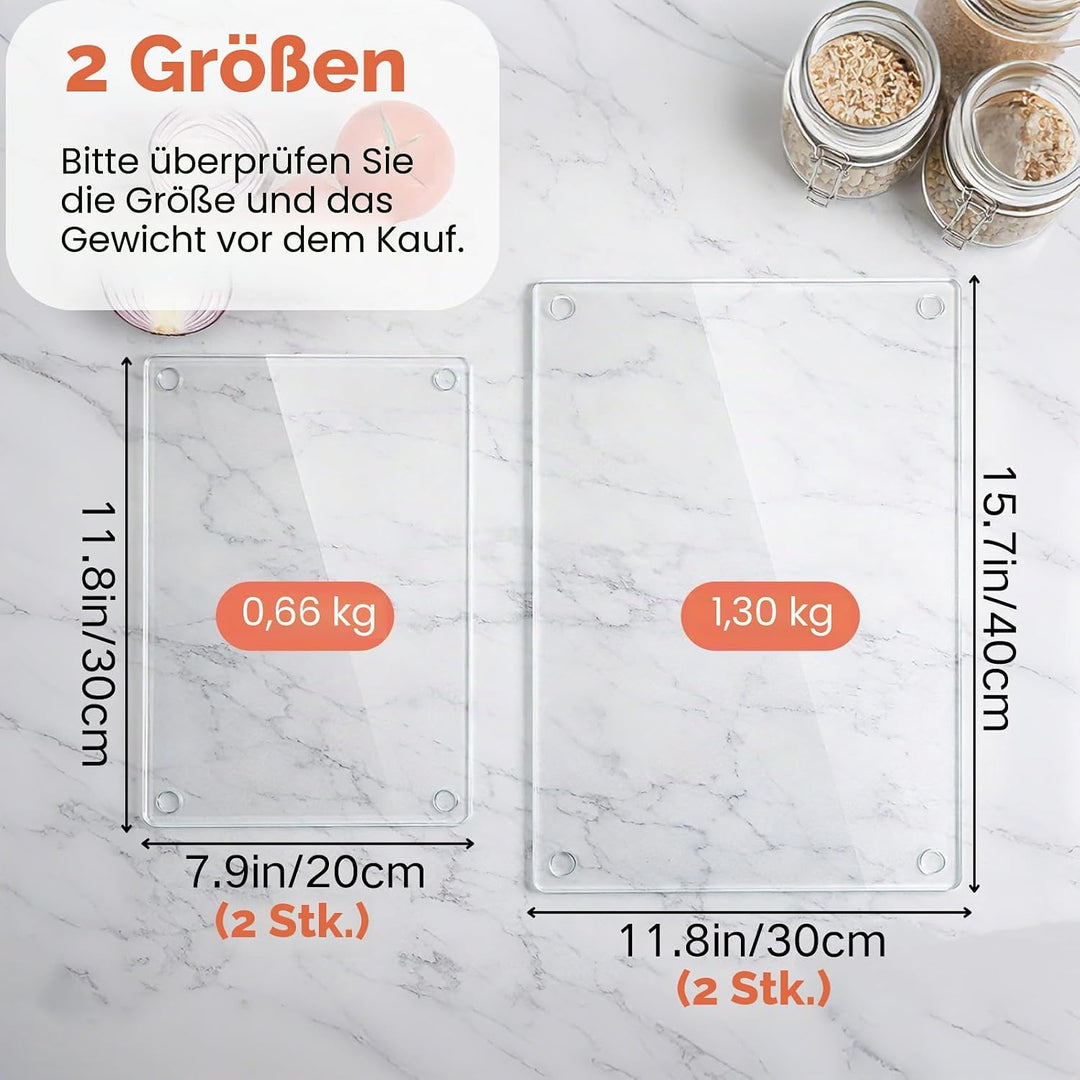Hacaroa 4 Stück Gehärtetes Glas Schneidebrett mit Gummifüssen, Rechteckiges Rutschfestes Schneidebre