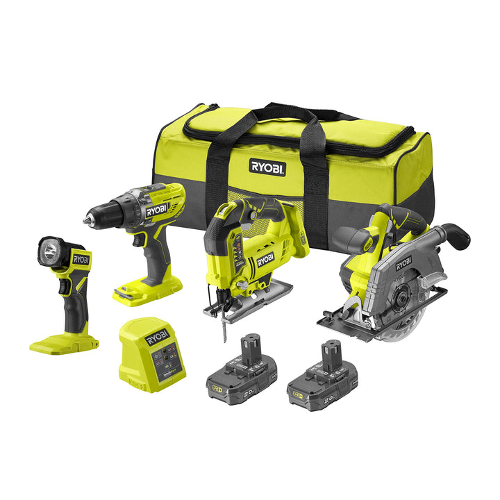 RYOBI - Kombination 4 Werkzeuge, 18 Volt, One+: Bohrmaschine + Stichsäge + Kreissäge + LED-Lampe + 2