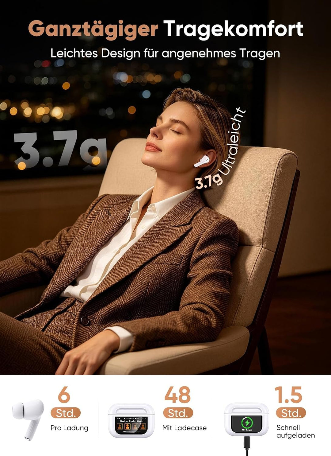 ZZU Kopfhörer Kabellose Bluetooth mit Smart Touchscreen, 48 Std. Laufzeit, Bluetooth 5.4 In-Ear Ohrh